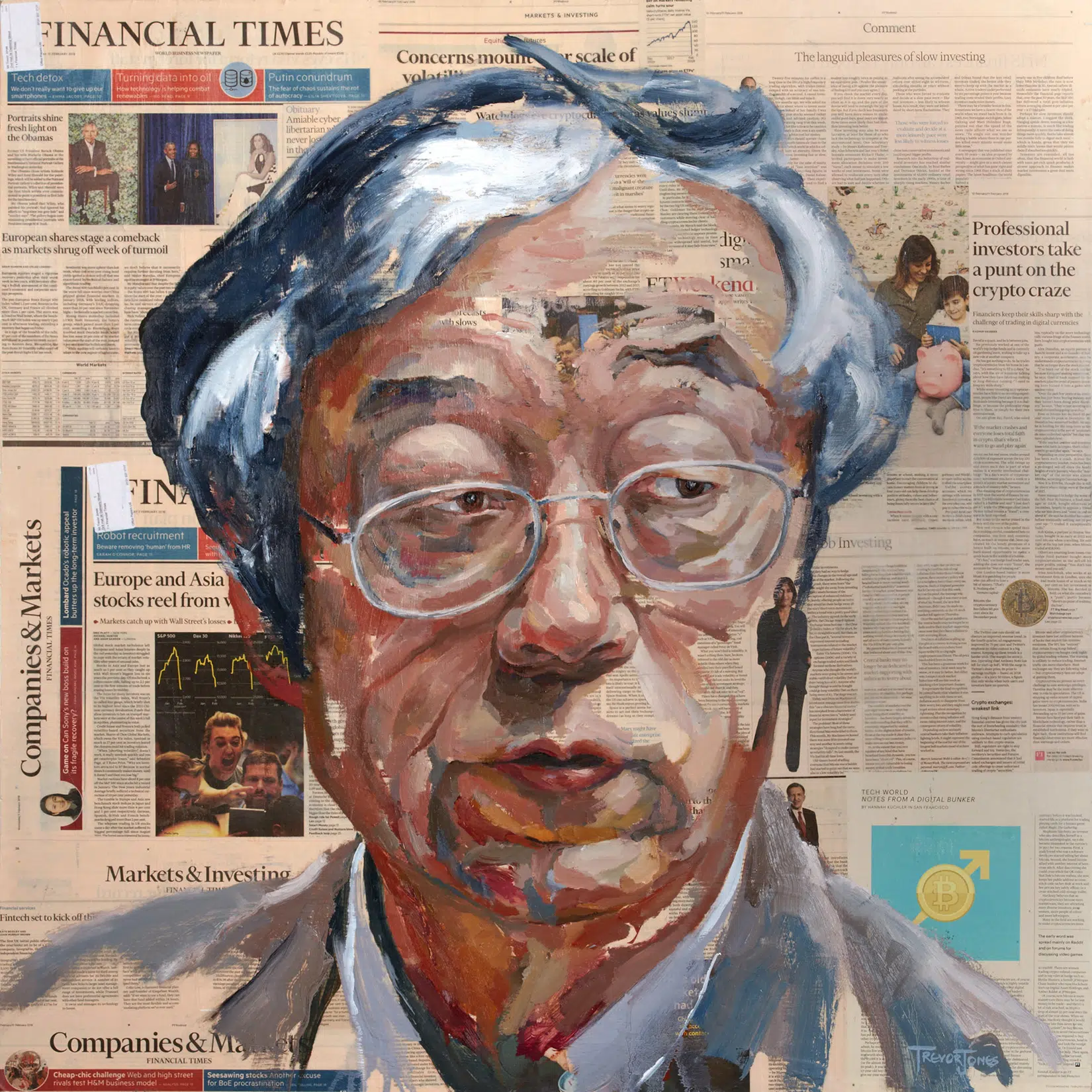 Trevor Jones - The Architect - Satoshi - Oil and wax on Financial Times 101x101 cm what is nft art