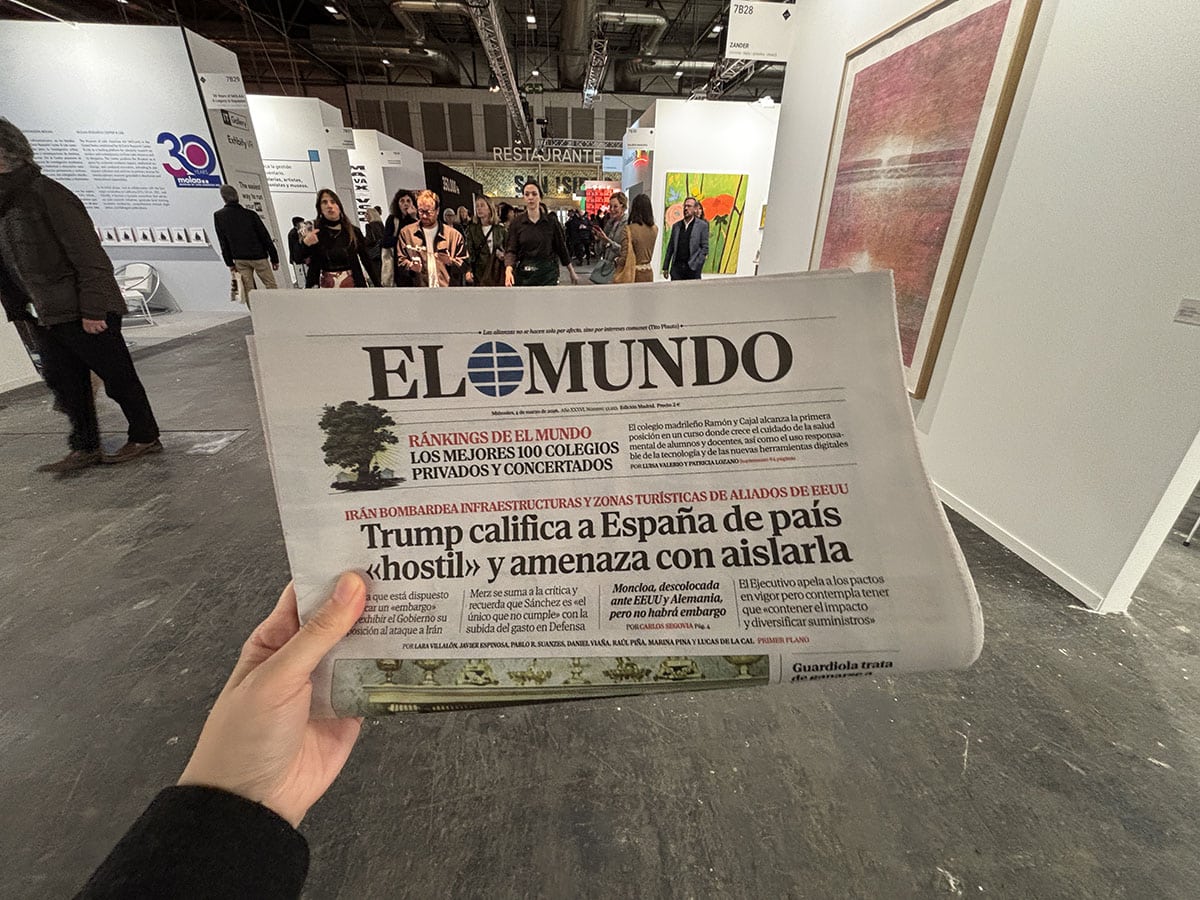 ARCOmadrid - Arco Madrid art fair 2026 ARCOmadrid - Arco Madrid art fair 2026 - in the hall with a newspaper Trump announcing Spain as an hostile country