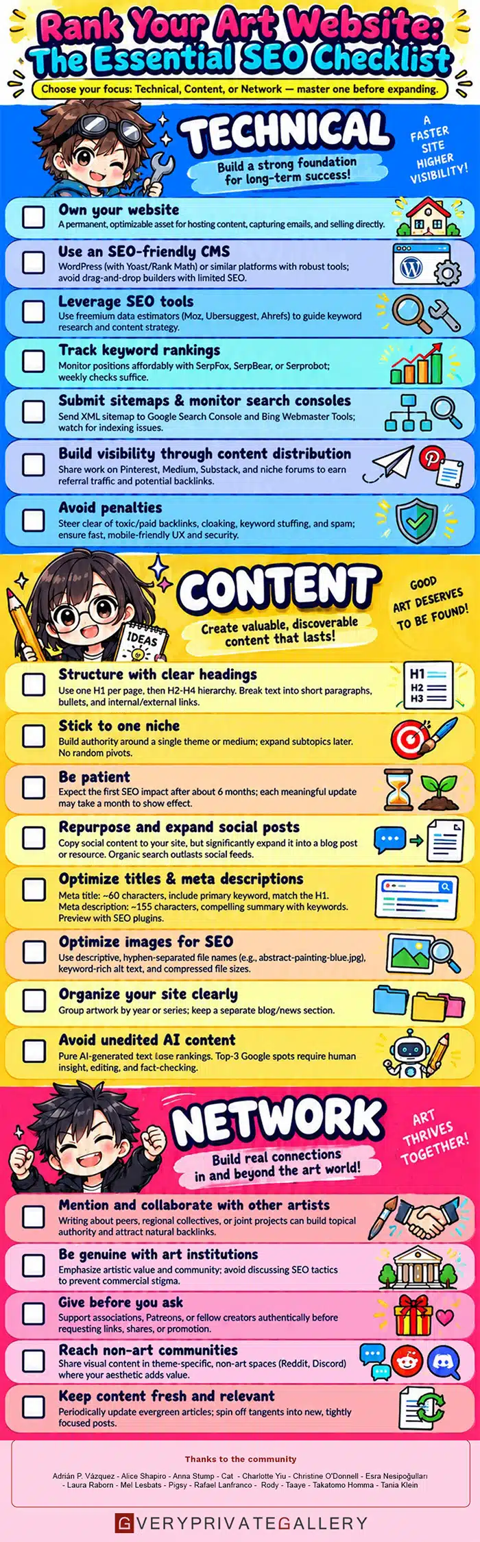 SEO check list manga style infographic SEO tips for Artist Website - Checklist